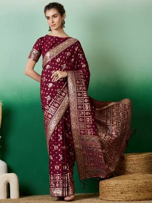 Wine Woven Jacquard Ethnic Partywear Traditional Saree 5