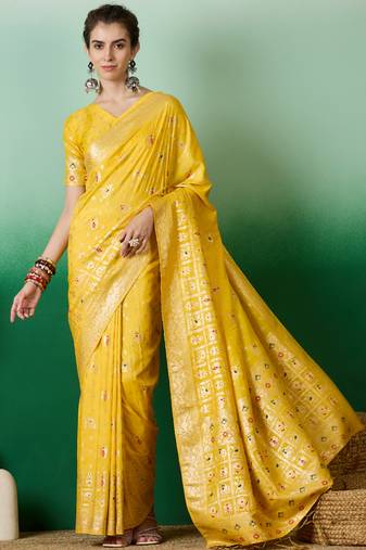 Yellow Woven Jacquard Designer Ethnic Partywear Traditional Saree