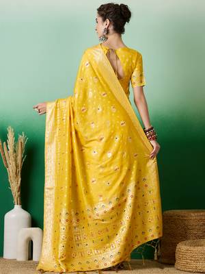 Yellow Woven Jacquard Ethnic Partywear Traditional Saree 2