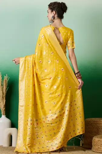Yellow Woven Jacquard Ethnic Partywear Traditional Saree