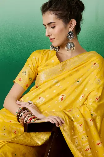 Yellow Woven Jacquard Ethnic Partywear Traditional Saree