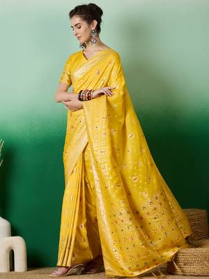 Yellow Woven Jacquard Ethnic Partywear Traditional Saree 5