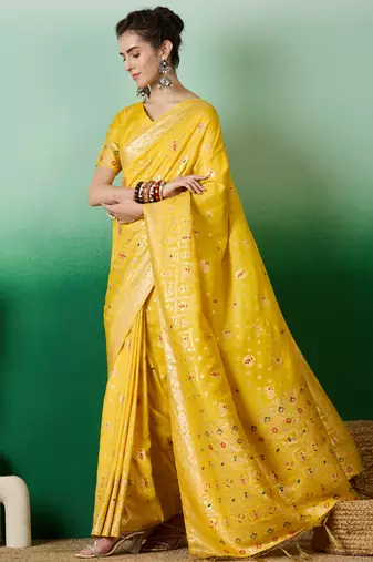 Yellow Woven Jacquard Ethnic Partywear Traditional Saree