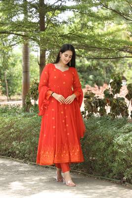 KESHVI'S ORANGE COLOURED  EMBROIDERY ANARKALI SUIT SET - 05 3