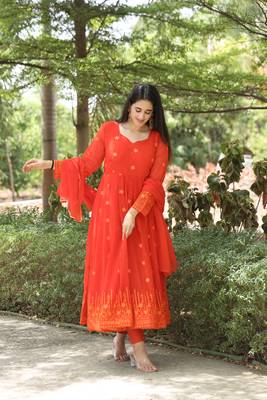 KESHVI'S ORANGE COLOURED  EMBROIDERY ANARKALI SUIT SET - 05 4