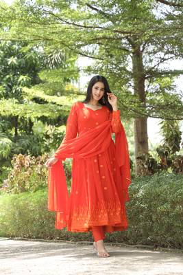 KESHVI'S ORANGE COLOURED  EMBROIDERY ANARKALI SUIT SET - 05 6