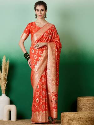 Graceful Organge Zari Woven Elegant Traditional Looks Partywear Saree 1