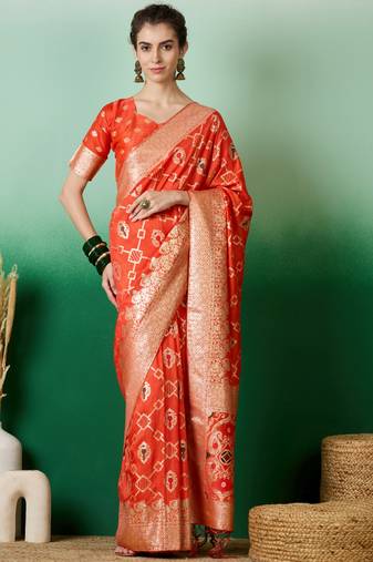 Graceful Organge Zari Woven Elegant Traditional Looks Partywear Saree