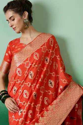 Graceful Organge Zari Woven Elegant Traditional Looks Partywear Saree