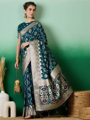 Graceful Teal Zari Woven Elegant Traditional Looks Partywear Saree 1