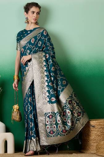 Graceful Teal Zari Woven Elegant Traditional Looks Partywear Saree