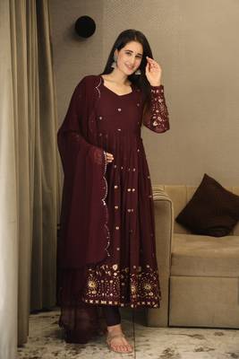 VIBHUTI'S WINE COLOURED ANARKALI EMBROIDERY  SUIT SET - 06 1