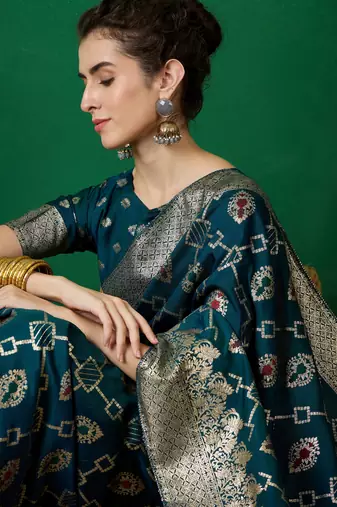 Graceful Teal Zari Woven Elegant Traditional Looks Partywear Saree