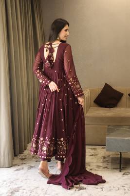 VIBHUTI'S WINE COLOURED ANARKALI EMBROIDERY  SUIT SET - 06 5