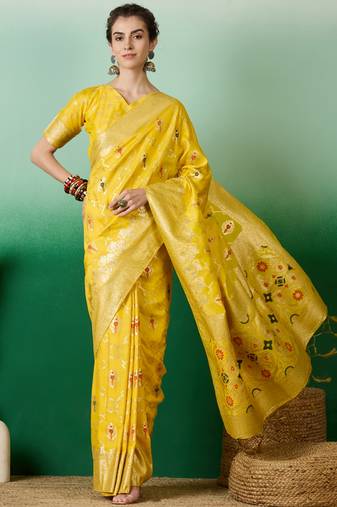 Graceful Yellow Zari Woven Elegant Traditional Looks Partywear Saree