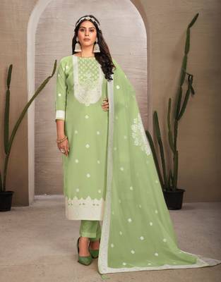 Sober and sophisticated pista colour organza fabric girlish festive wear ethnic suit 1