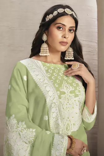 Sober and sophisticated pista colour organza fabric girlish festive wear ethnic suit