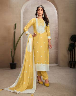 Sober and sophisticated yellow colour organza fabric girlish festive wear ethnic suit 1