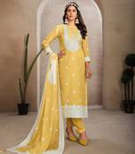 Sober and sophisticated yellow colour organza fabric girlish festive wear ethnic suit