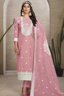 Sober and sophisticated pink colour organza fabric girlish festive wear ethnic suit 1