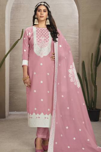 Sober and sophisticated pink colour organza fabric girlish festive wear ethnic suit