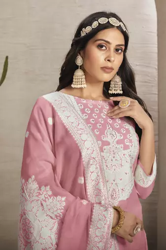 Sober and sophisticated pink colour organza fabric girlish festive wear ethnic suit