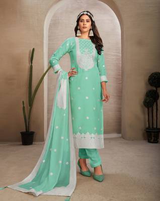 Sober and sophisticated sea green colour organza fabric girlish festive wear ethnic suit 1