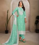 Sober and sophisticated sea green colour organza fabric girlish festive wear ethnic suit