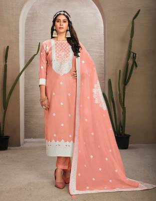 Sober and sophisticated peach colour organza fabric girlish festive wear ethnic suit 1