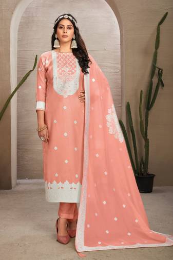 Sober and sophisticated peach colour organza fabric girlish festive wear ethnic suit