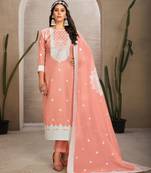 Sober and sophisticated peach colour organza fabric girlish festive wear ethnic suit