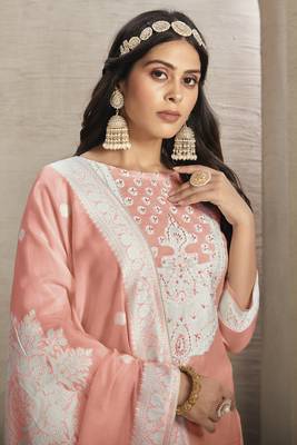 Sober and sophisticated peach colour organza fabric girlish festive wear ethnic suit 2