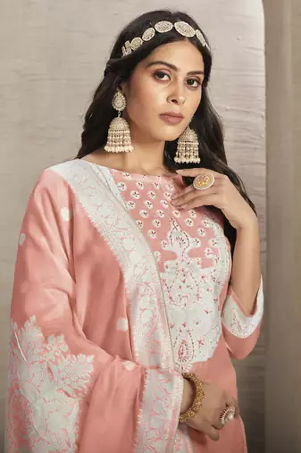 Sober and sophisticated peach colour organza fabric girlish festive wear ethnic suit