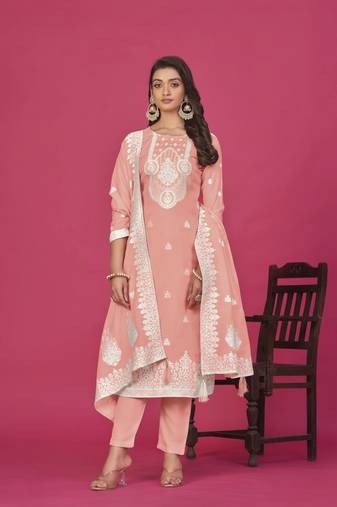 Peach colour resham baadla work for graceful festive wear ethnic salwar kameez