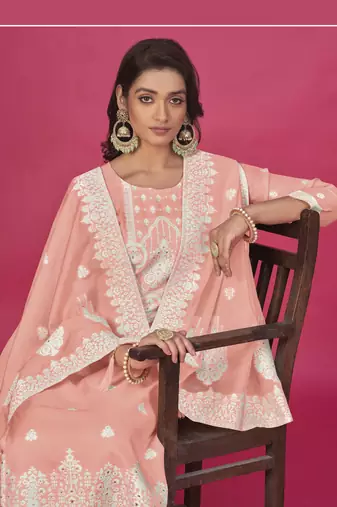 Peach colour resham baadla work for graceful festive wear ethnic salwar kameez