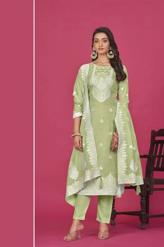 Pista colour resham baadla work for graceful festive wear ethnic salwar kameez