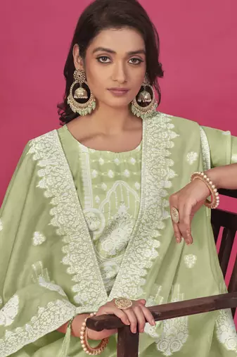 Pista colour resham baadla work for graceful festive wear ethnic salwar kameez