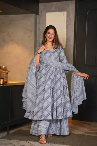 Beautifuly designed grey colour cotton fabric ethnic and girlish trendy partywear dress