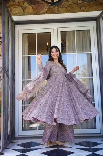 Beautifuly designed mauve colour cotton fabric ethnic and girlish trendy partywear dress