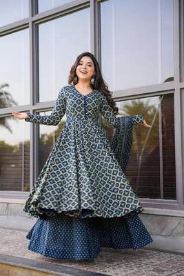 Beautifuly designed blue colour cotton fabric ethnic and girlish trendy partywear dress 1