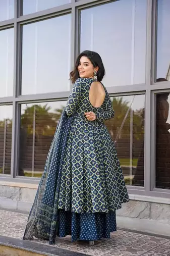 Beautifuly designed blue colour cotton fabric ethnic and girlish trendy partywear dress
