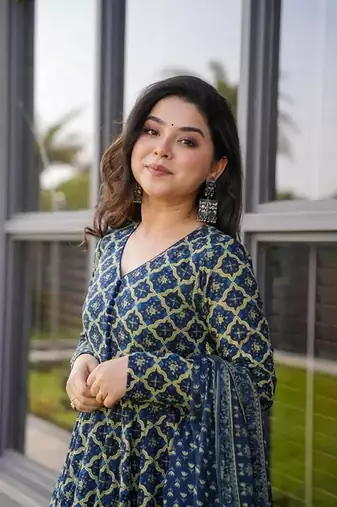 Beautifuly designed blue colour cotton fabric ethnic and girlish trendy partywear dress