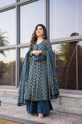 Beautifuly designed blue colour cotton fabric ethnic and girlish trendy partywear dress 4
