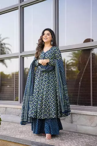 Beautifuly designed blue colour cotton fabric ethnic and girlish trendy partywear dress