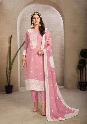 Pink colour organza fabric ethnic resham embroidered festive wear salwar kameez 1