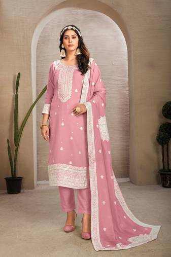 Pink colour organza fabric ethnic resham embroidered festive wear salwar kameez
