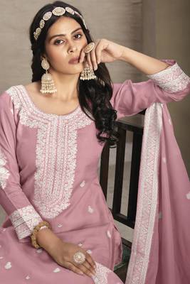 Pink colour organza fabric ethnic resham embroidered festive wear salwar kameez 2