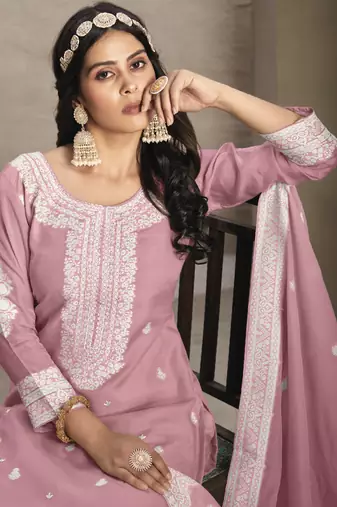 Pink colour organza fabric ethnic resham embroidered festive wear salwar kameez