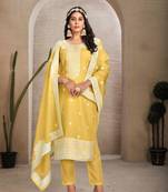 Yellow colour organza fabric ethnic resham embroidered festive wear salwar kameez