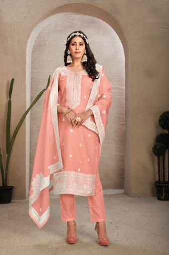 Peach colour organza fabric ethnic resham embroidered festive wear salwar kameez